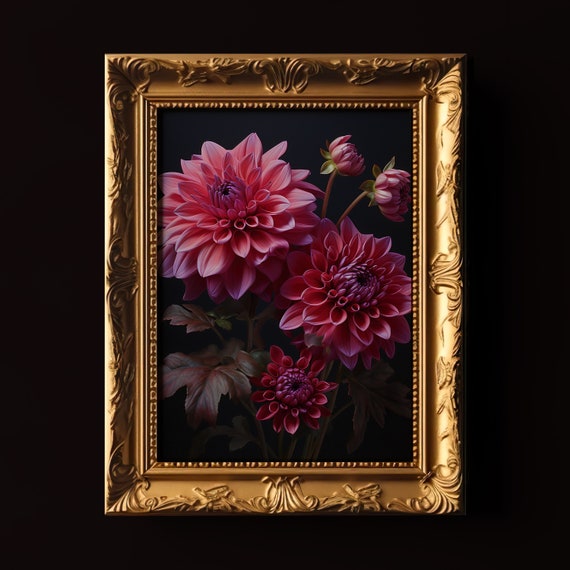 Pink Dahlia Flower Wall Art Dark Academia Print Gothic Home Decor Moody Floral Painting Cottagecore Art Maximalist Decor