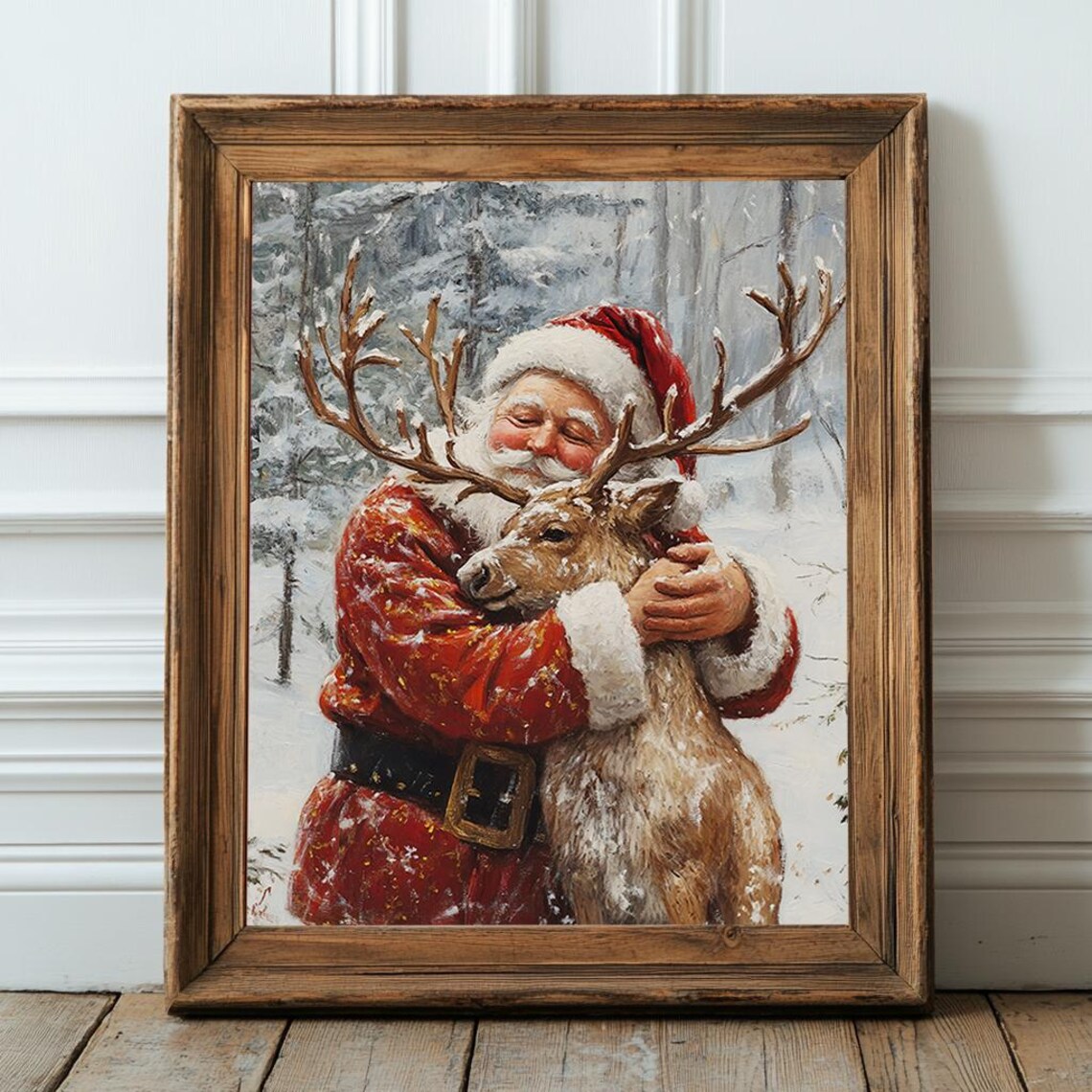 Santa Claus Hugging Reindeer Snowy Forest Vintage Christmas Art Poster - Image 2