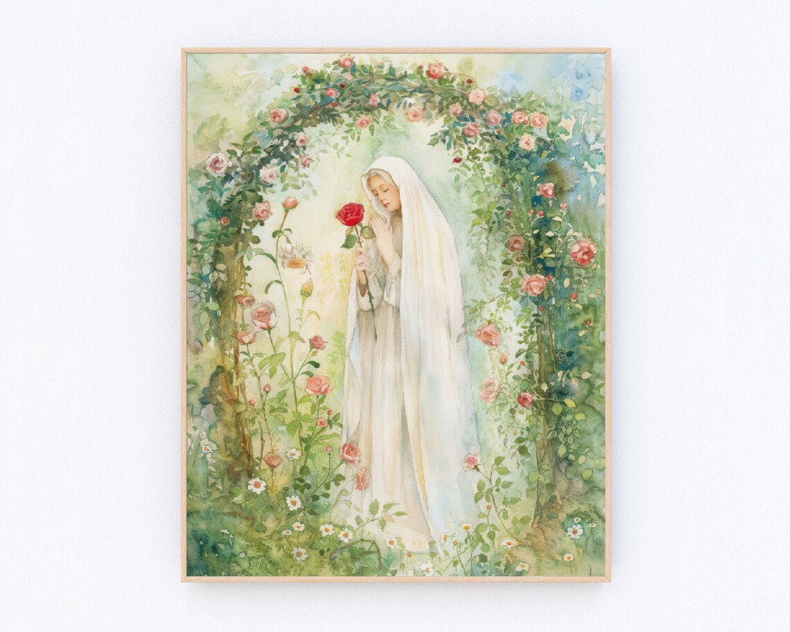 Virgin Mary with a Red Rose in a Blooming Rose Garden Poster - Image 2