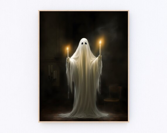 Elegant Ghost Holding Two Lit Candles Dark Romantic Halloween Art Poster