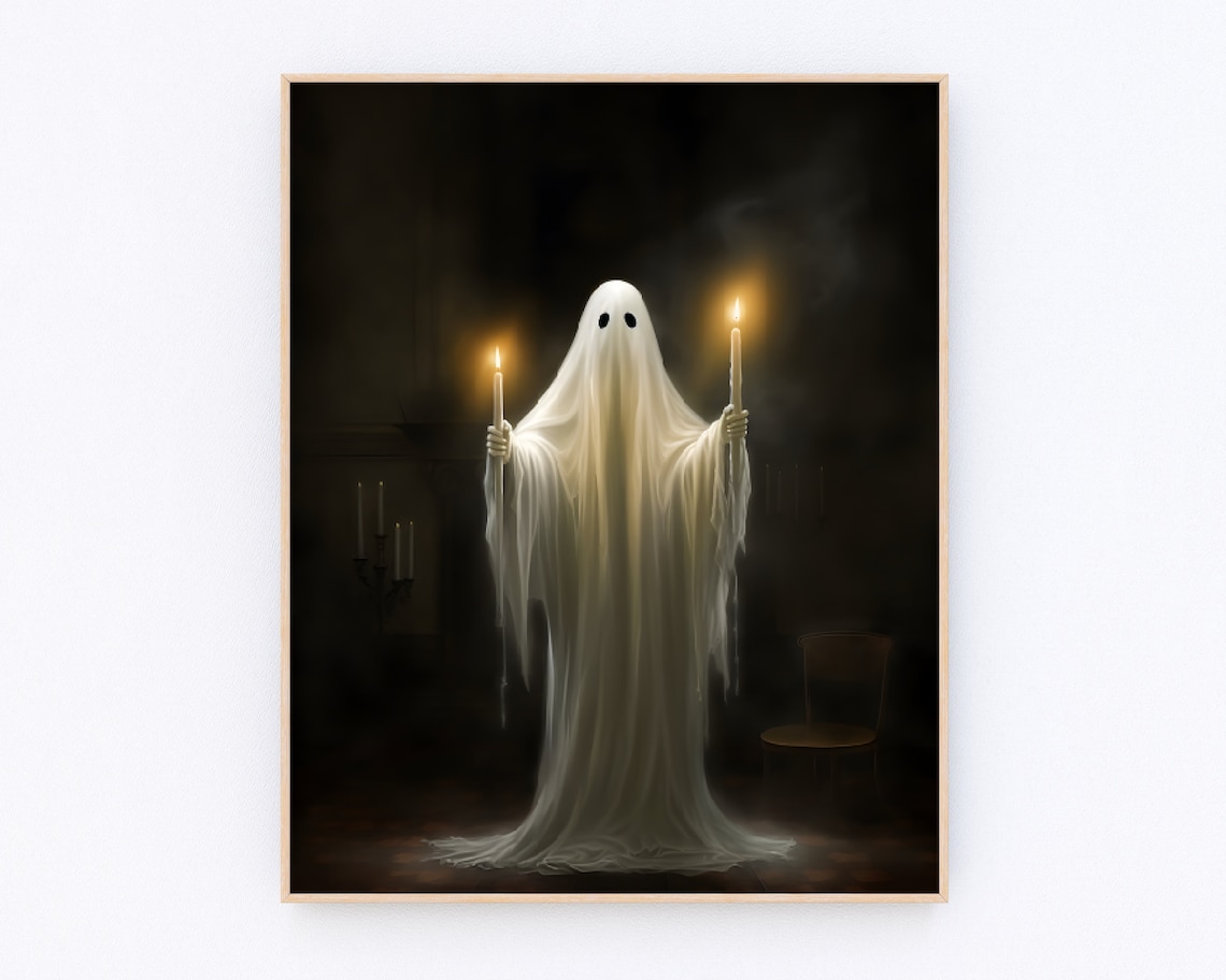 Elegant Ghost Holding Two Lit Candles Dark Romantic Halloween Art Poster