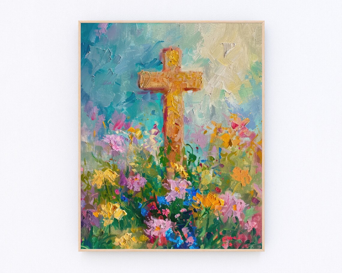 Golden Cross Painting with Colorful Wildflower Meadow Poster - Image 2