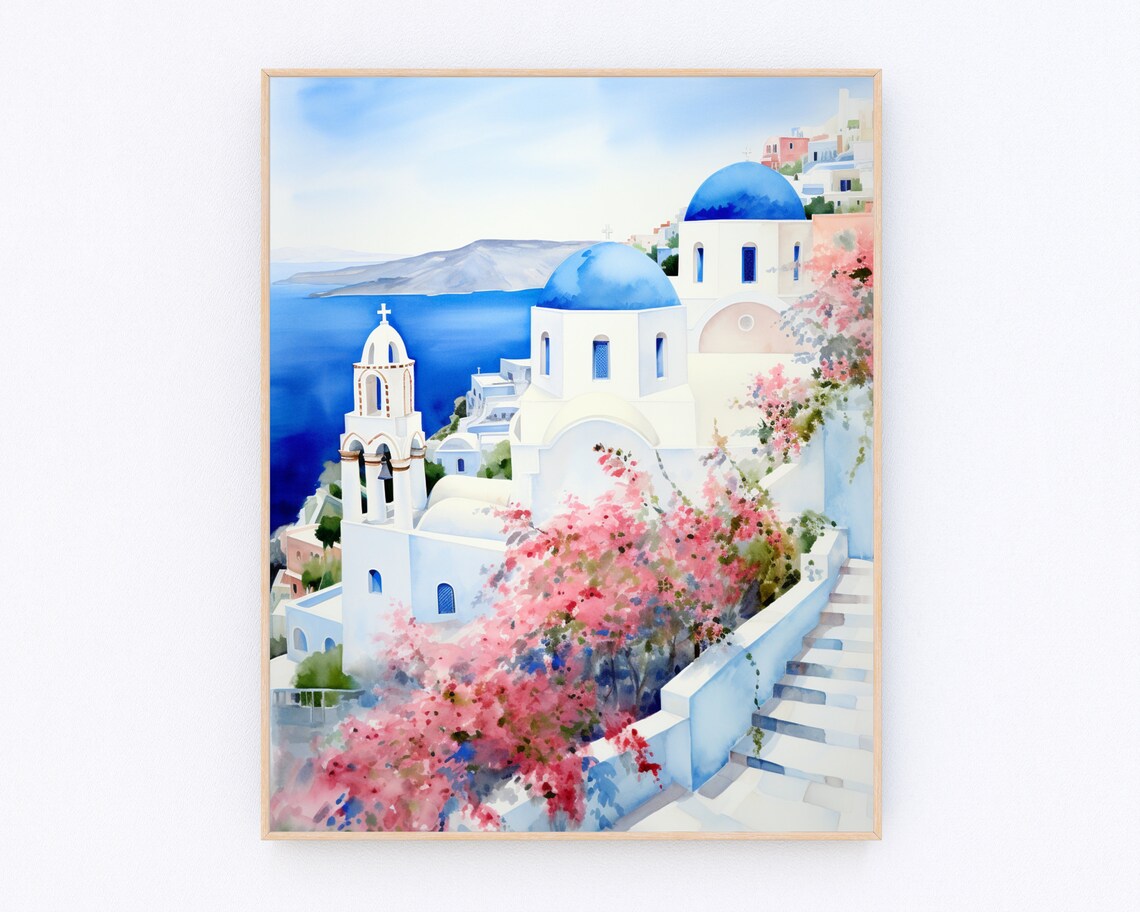 Santorini Oia Blue Domes with Bougainvillea and Aegean Sea Poster