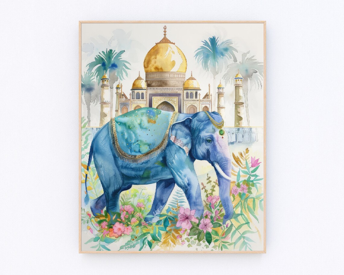 Blue Watercolor Elephant Before Golden Dome Palace Scene Poster