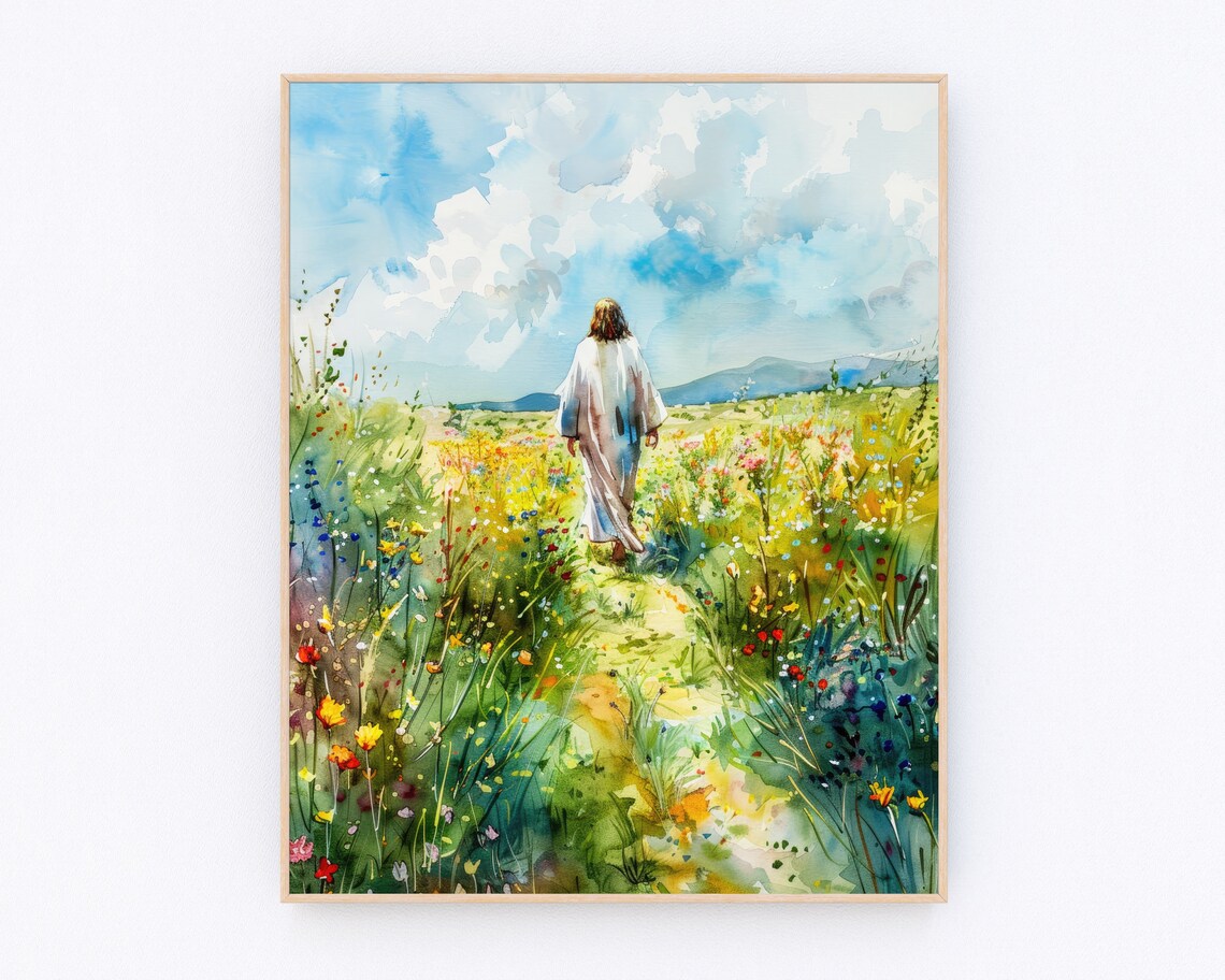 Jesus Walking in Wildflower Field Blue Sky Watercolor Christian Poster
