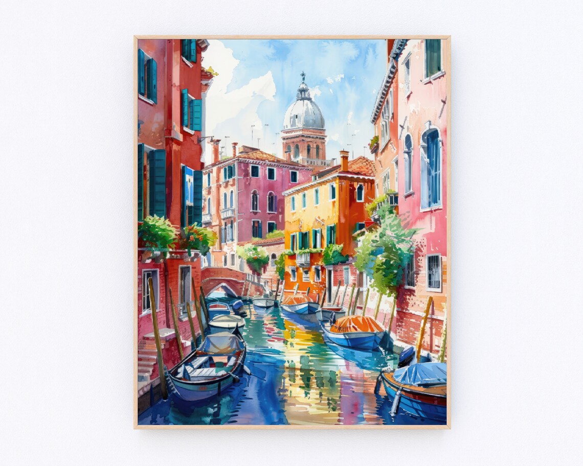 Venice Colorful Canal Boats Pink Buildings Watercolor Italy Poster