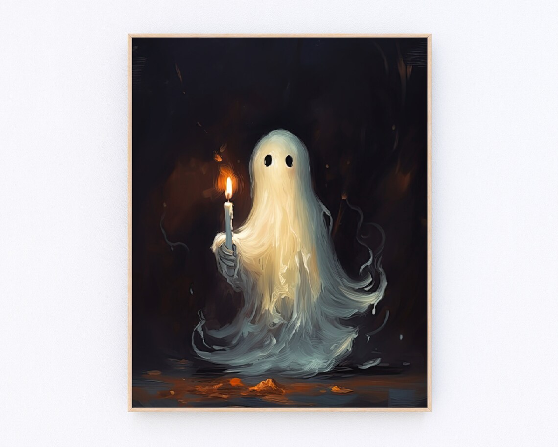 Cute Glowing Ghost Holding Candle Dark Background Halloween Wall Poster - Image 3