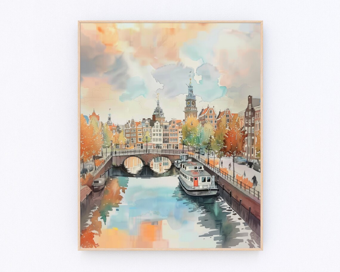 Amsterdam Watercolor Painting, Netherlands Travel Poster