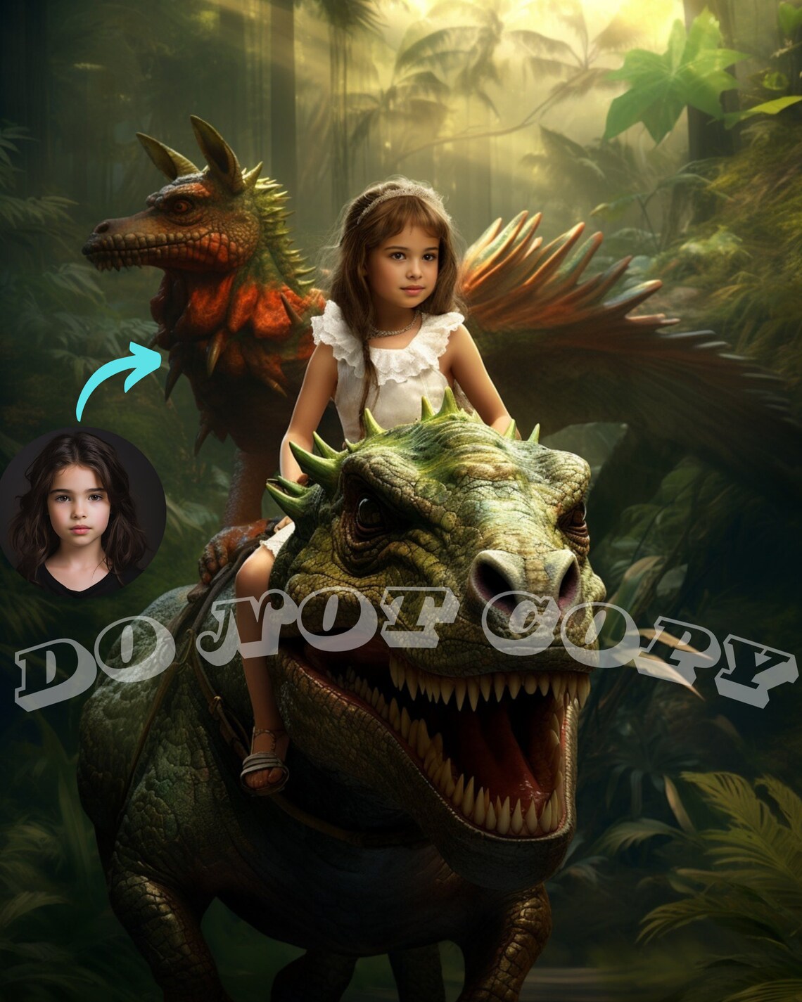 Personalized Kid Riding A Dinosaur Portrait Art Print - Image 2