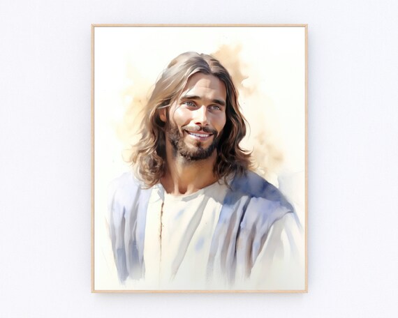 Smiling Jesus Portrait Warm Watercolor Christian Faith Art Print