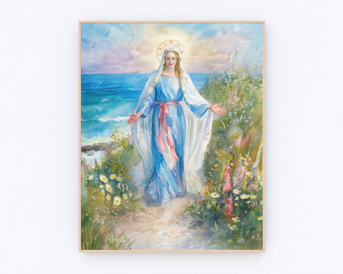 Mary On Beach Painting Mary Knows The Way Mother Mary Poster Blessed Virgin Mary Painting Christian Prayer Wall Art Catholic Gifts P451