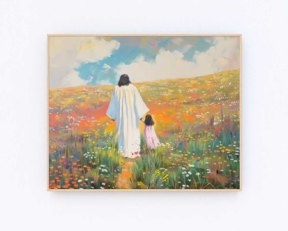 Jesus Holding Childs Hand Wildflower Field Christian Faith Art Poster
