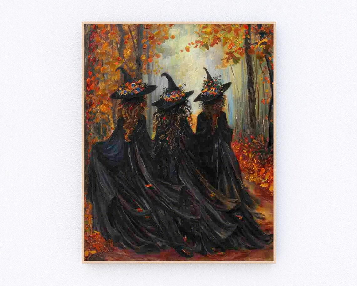 Three Witches Walking Through Autumn Forest Watercolor Poster
