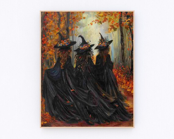 Three Witches Walking Through Autumn Forest Watercolor Poster