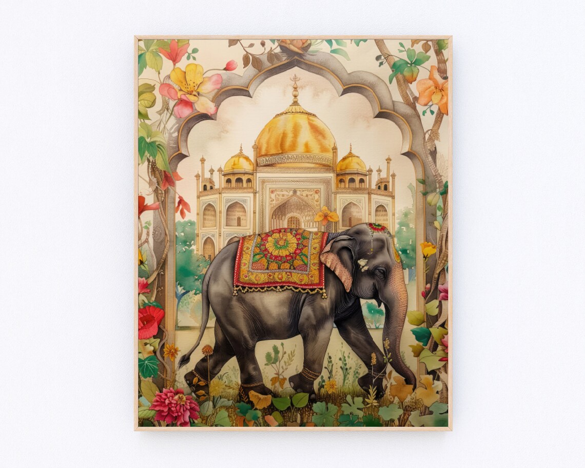 Decorated Elephant Before Golden Dome Palace Floral Arch Poster