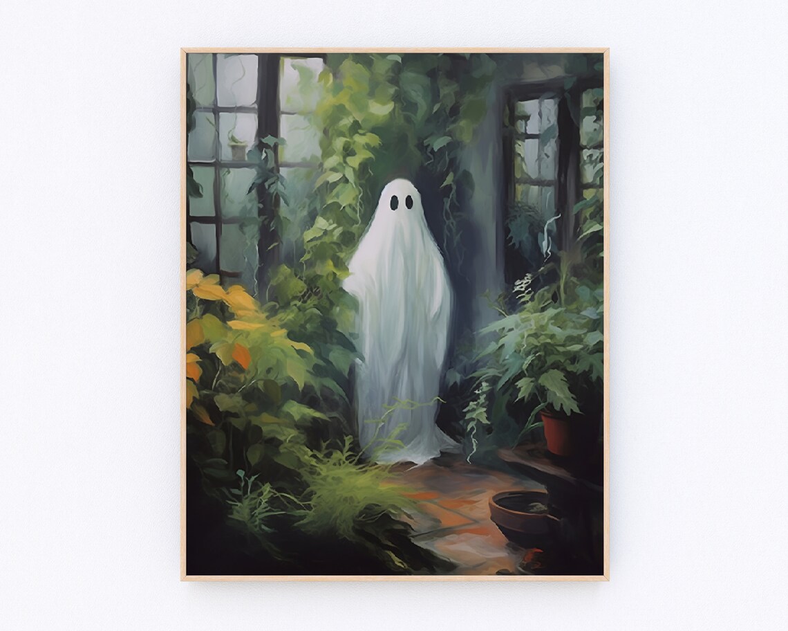 Gentle Ghost Standing Among Green Plants Cozy Garden Halloween Art Poster