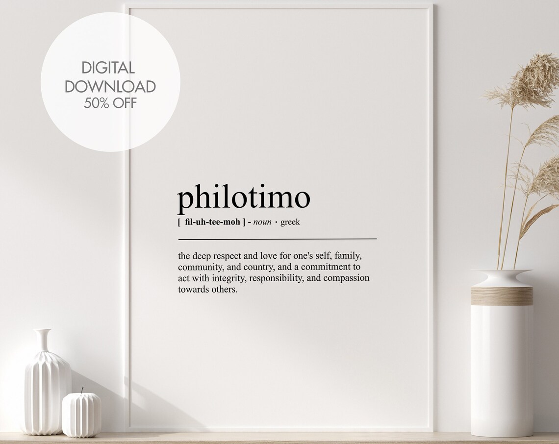 Philotimo Definition Art Print, Friendship Wall Decor