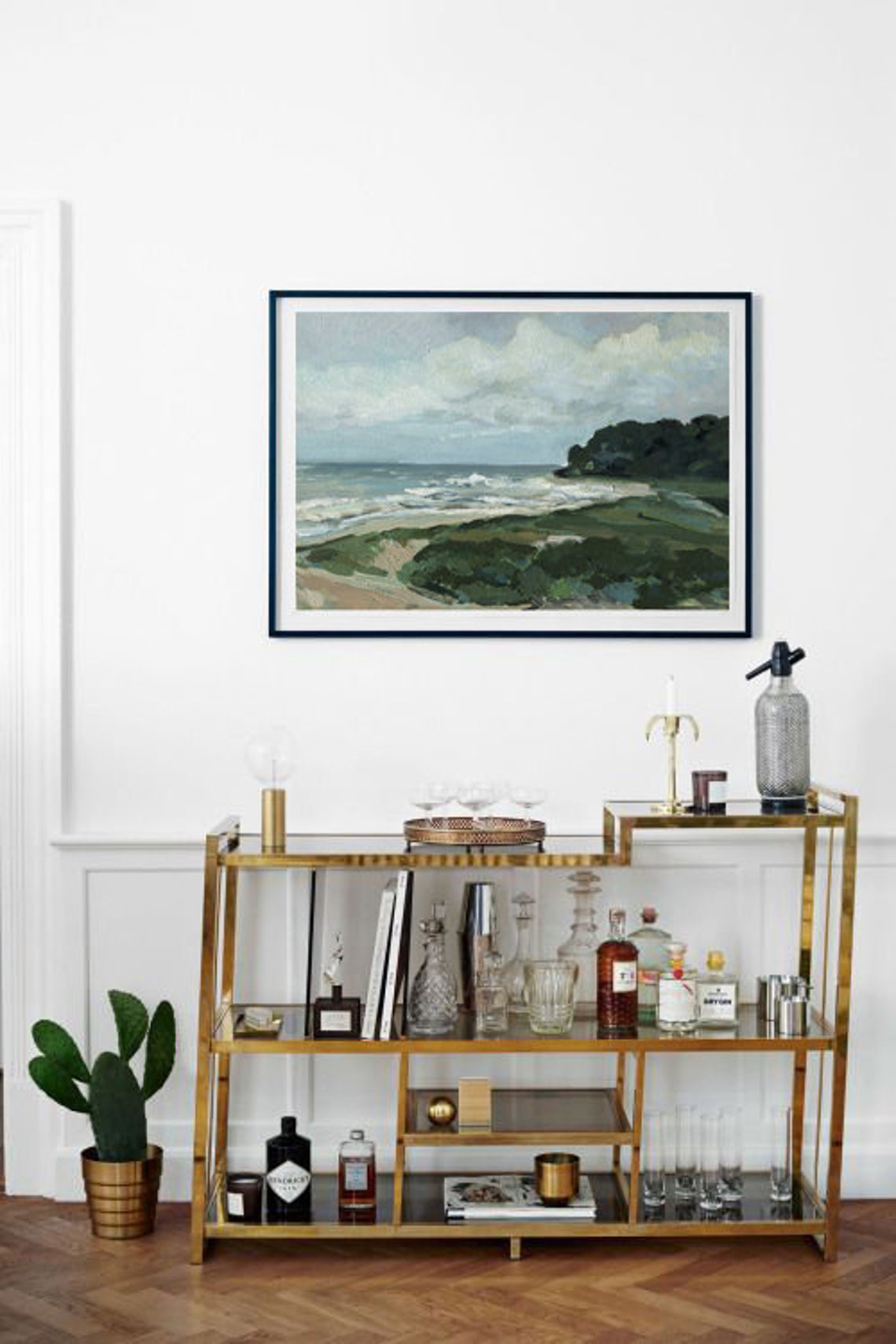 Green Cliffside Coastal Landscape Ocean Waves Painting Print - Image 2