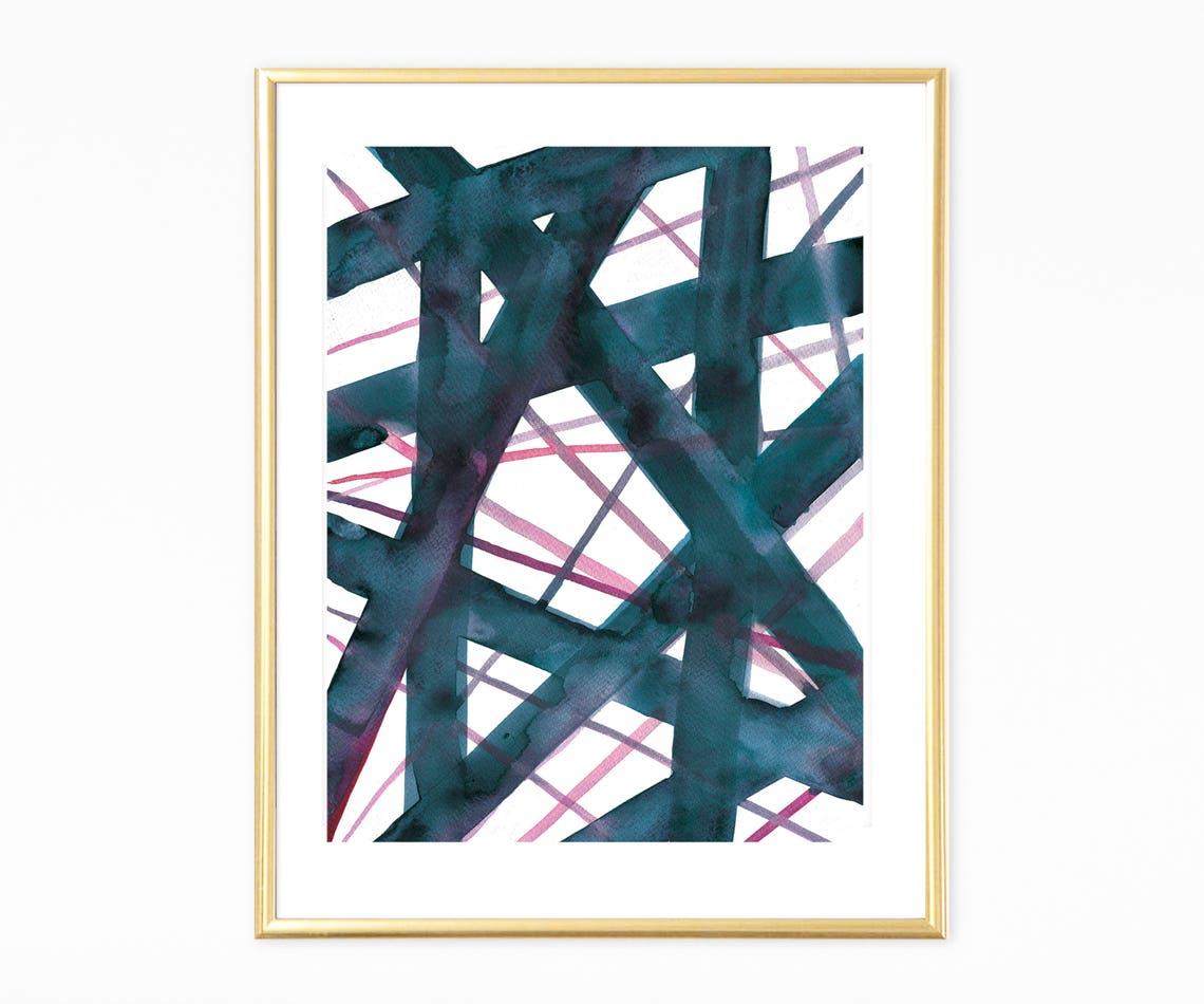 Bold Dark Teal Green Abstract Crisscross Line Modern Art Poster - Image 3