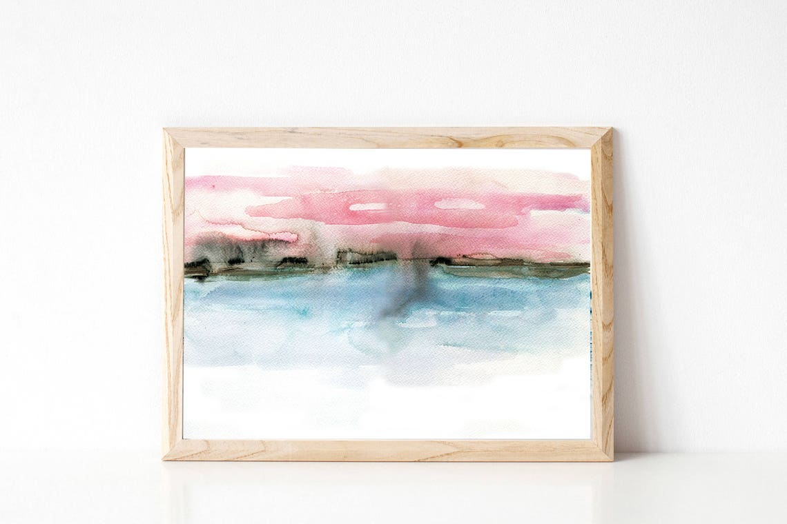 Abstract Pink And Blue Watercolor Horizon Minimalist Wall Art