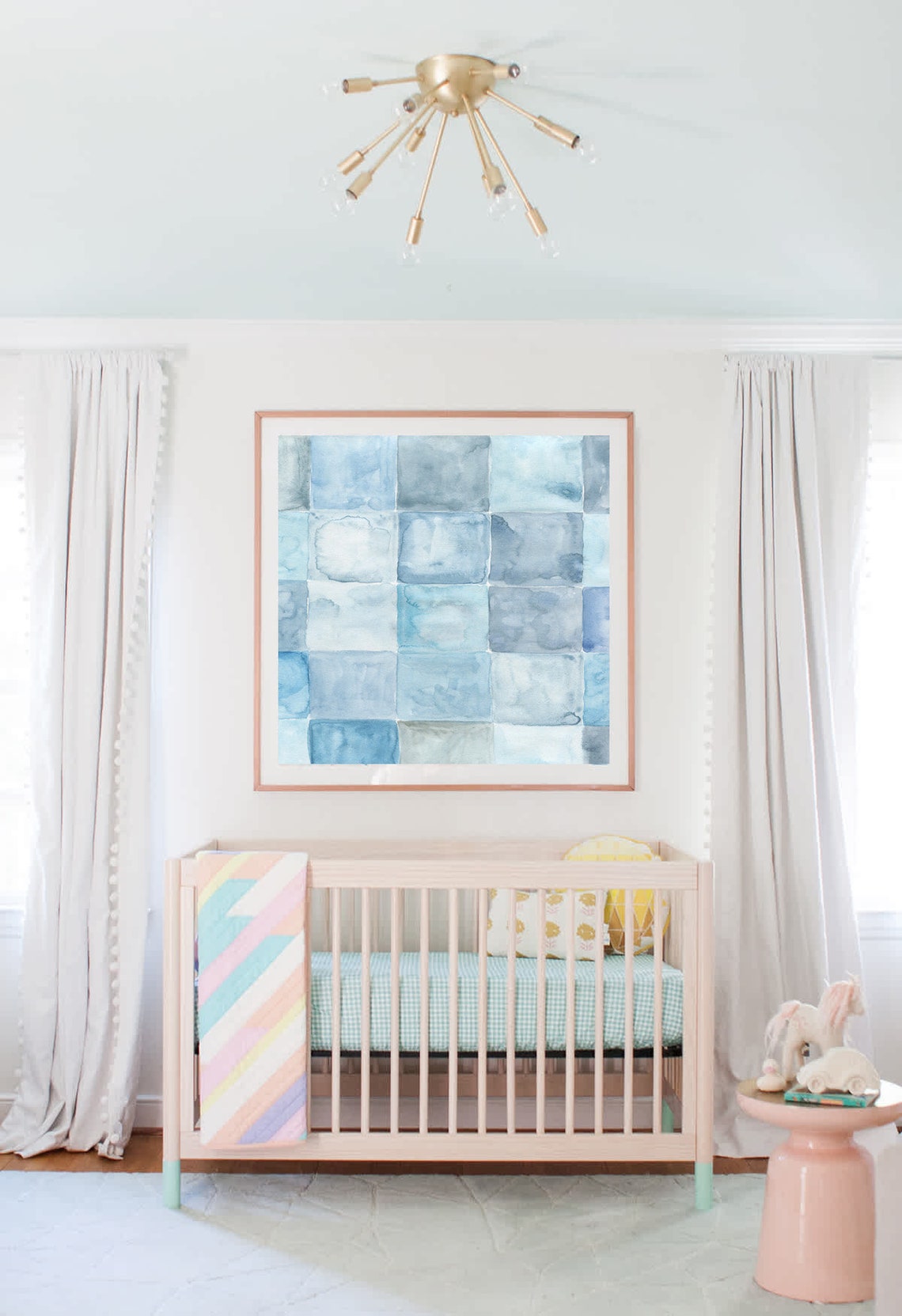 Pastel Blue Watercolor Grid Squares Geometric Abstract Print - Image 2