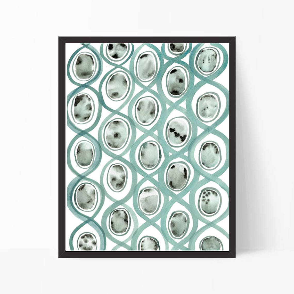 Teal Watercolor Lattice Pattern Interlocking Ovals Modern Wall Art - Image 3