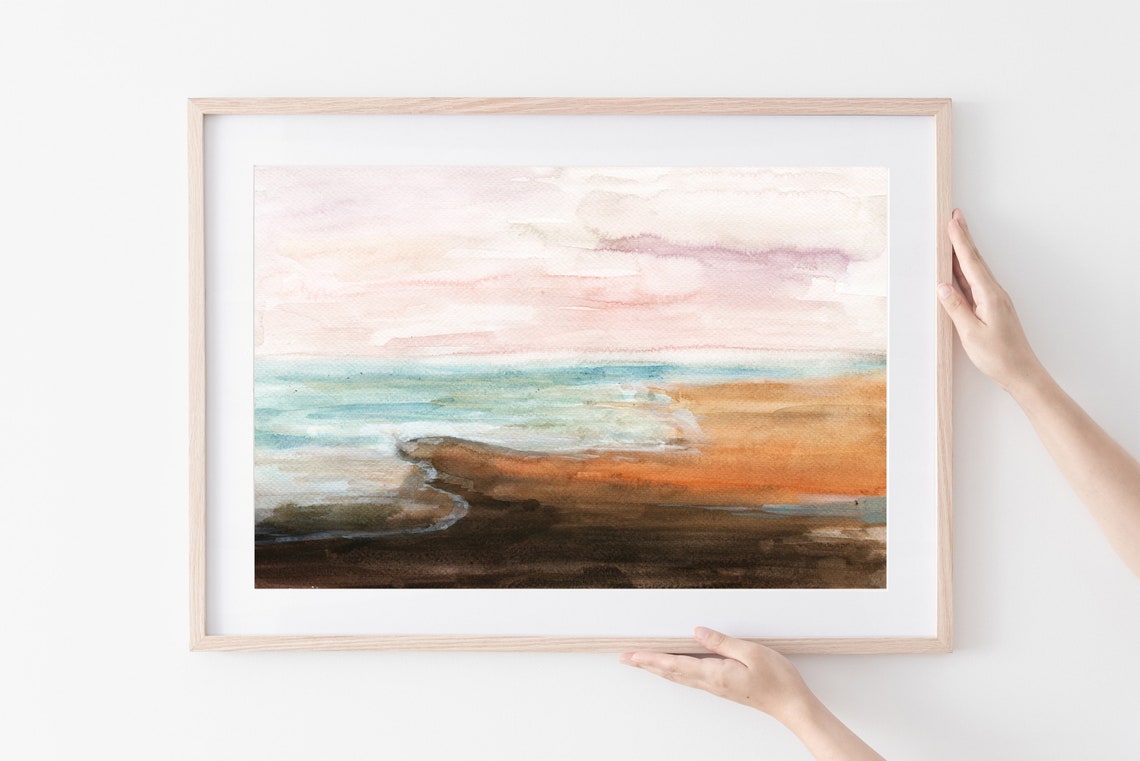 Abstract Beach Seascape Watercolor Brown And Blue Calm Shore Wall Art