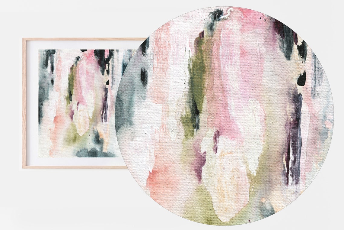 Square Abstract Watercolor Art Pink Teal Drips Dark Contrast Wall Art - Image 2