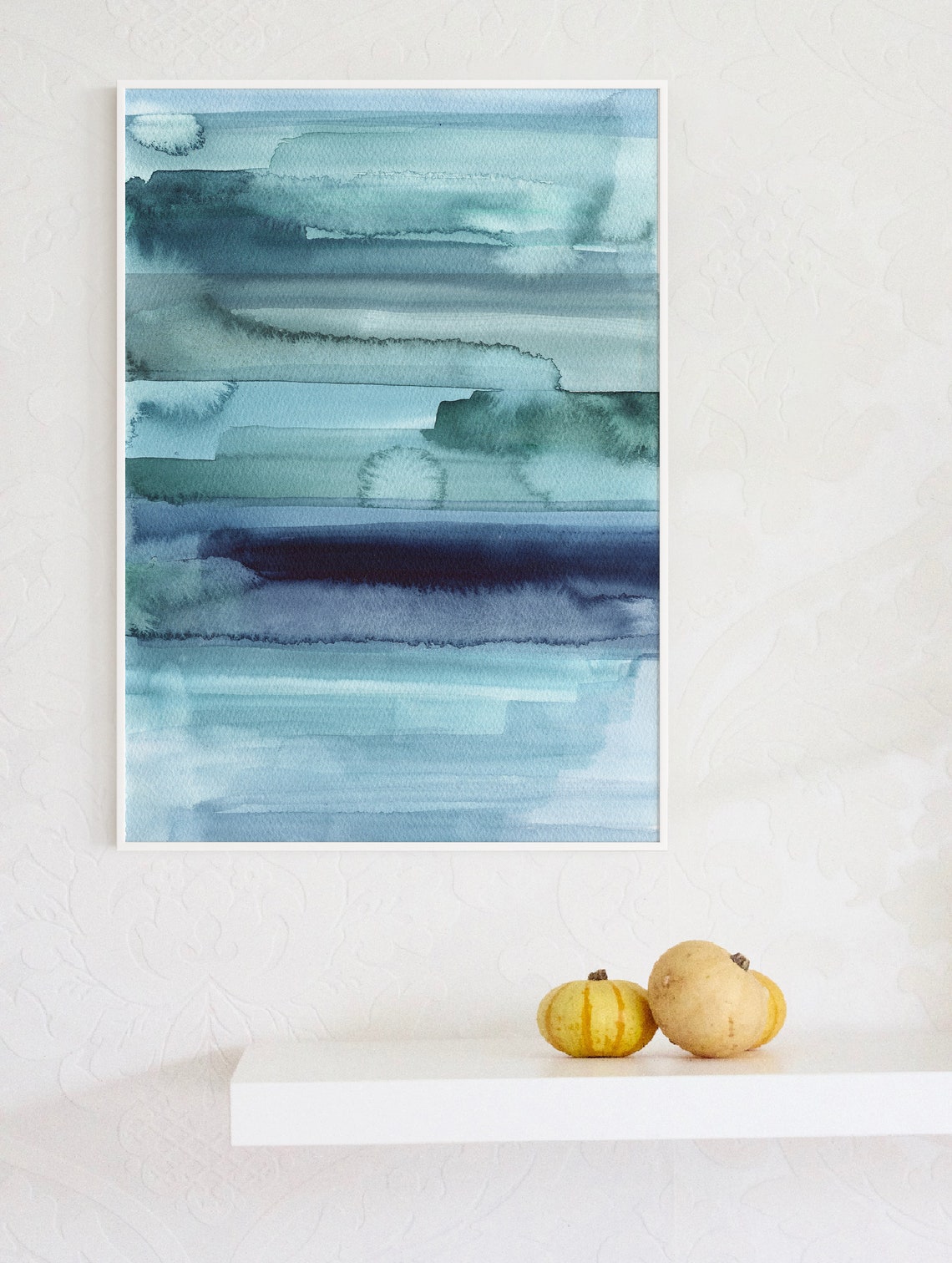 Blue Teal Watercolor Horizontal Bands Modern Abstract Art Print - Image 3