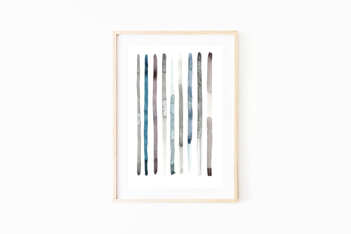 Blue Grey Vertical Brush Stroke Minimalist Abstract Art Poster