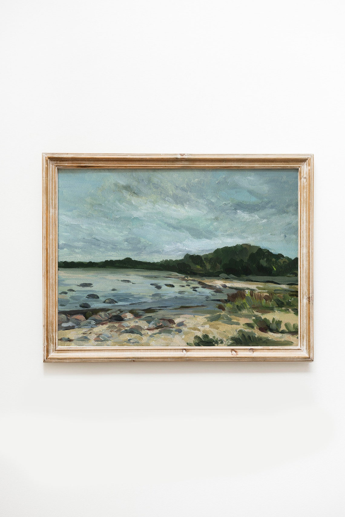 Rocky Shoreline Painting Green Hills Coastal Landscape Art Poster