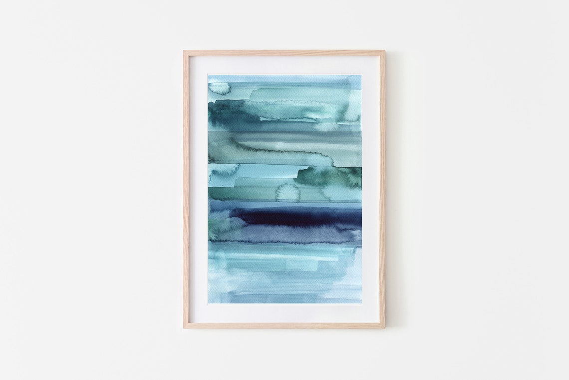 Blue Teal Watercolor Horizontal Bands Modern Abstract Art Print