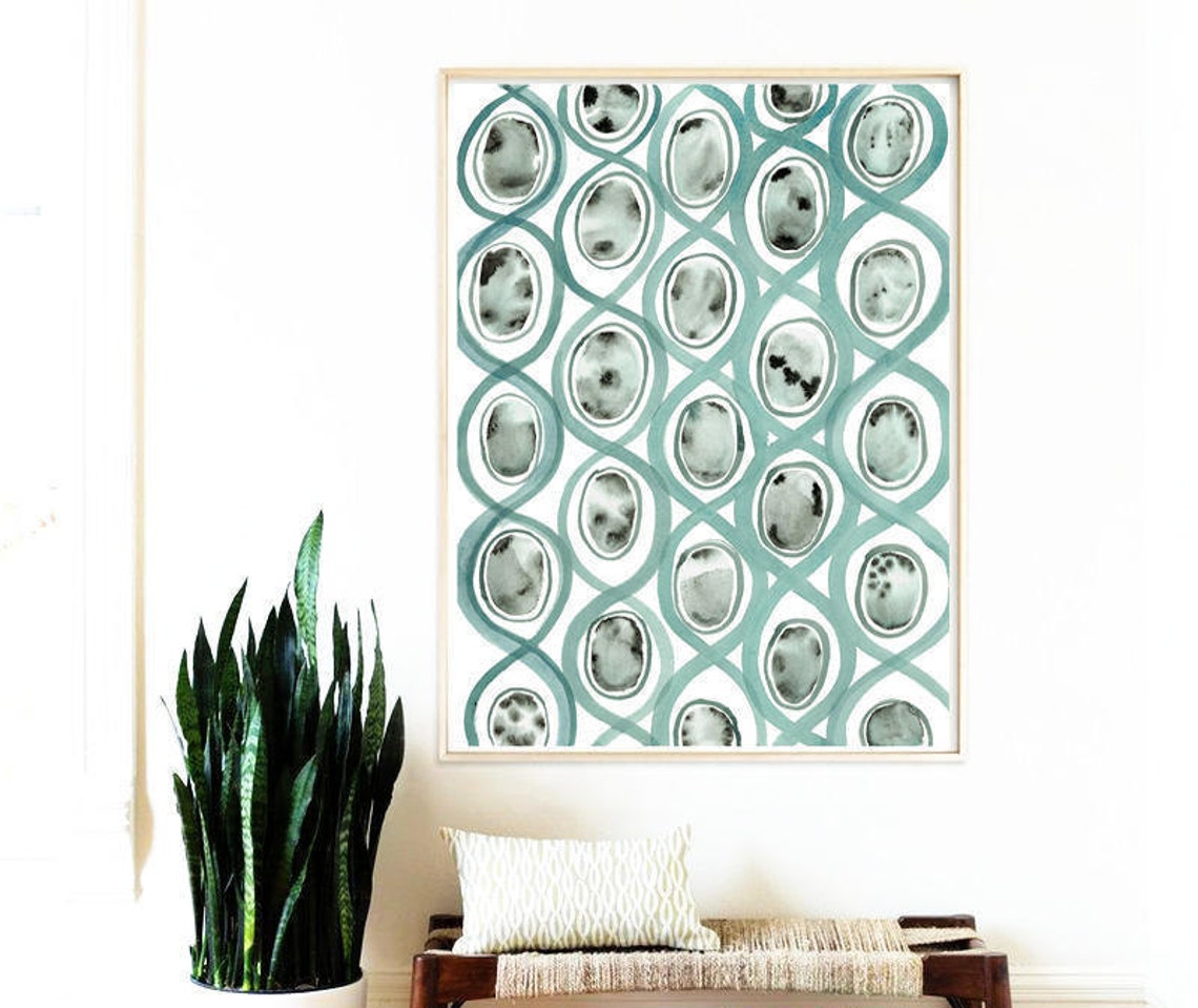 Teal Watercolor Lattice Pattern Interlocking Ovals Modern Wall Art