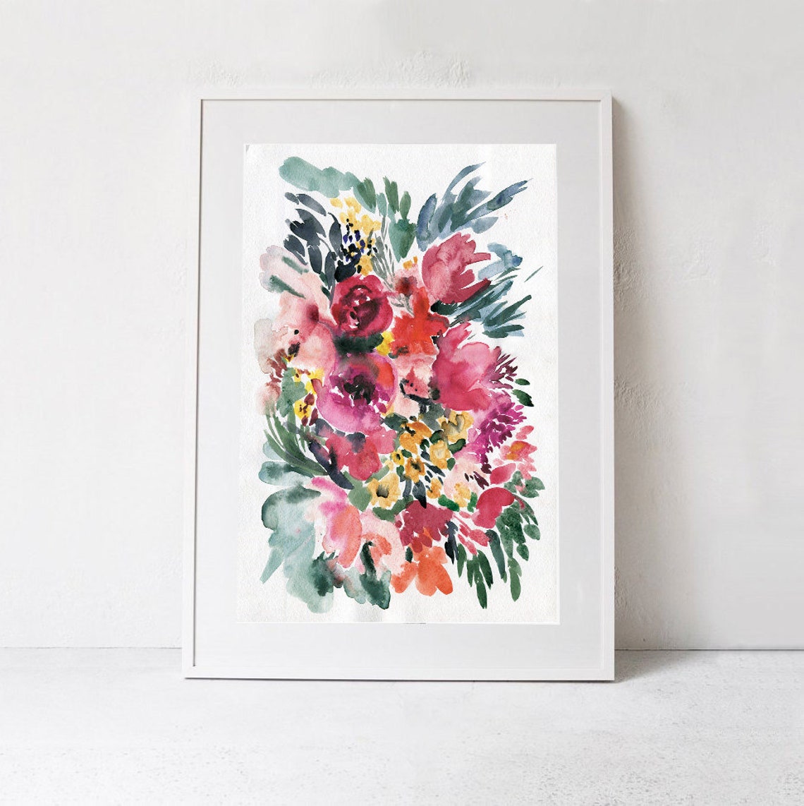 Watercolor Floral Bouquet Pink Red Blossoms Botanical Poster