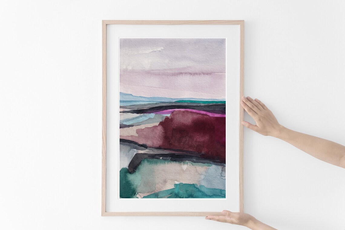 Moody Abstract Watercolor Landscape in Purple Teal Wall Art Tones - Image 3
