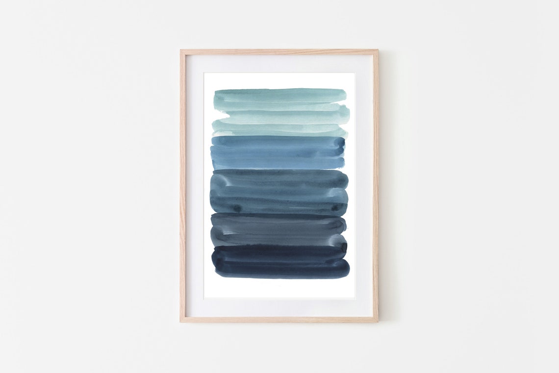 Blue Gradient Brushstroke Stripe Watercolor Teal Navy Ombre Wall Art