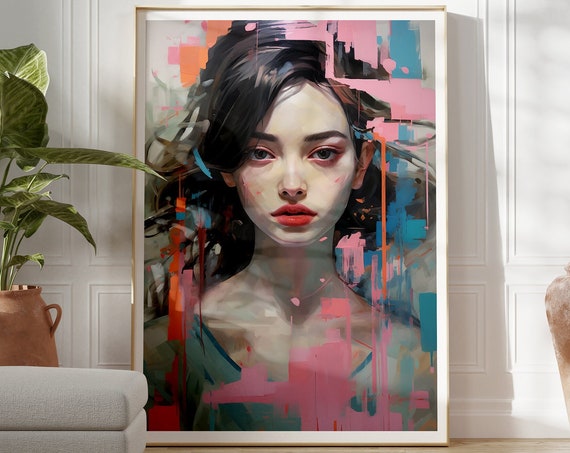 Vibrant Woman Potrait Painting Maximalist Home Decor Wall Art Printable Oil Painting Effect Home Office Poster