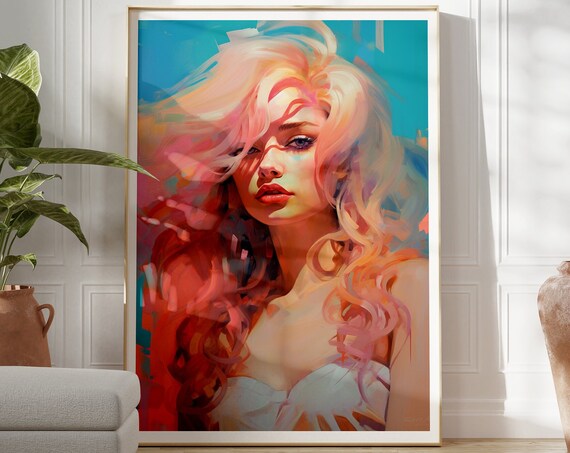 Colorful Woman Portrait Painting Poster with Flowing Hair Abstract Art