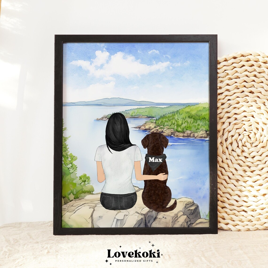 Personalized Dog Owner Watercolor Portrait Lakeside Scene Gift Poster