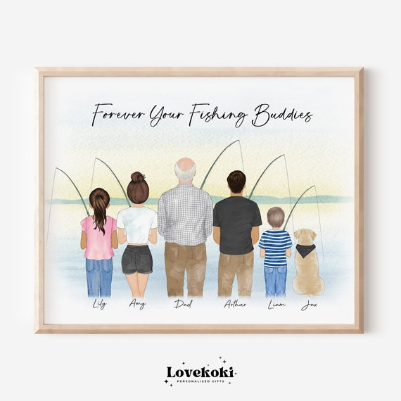 Birthday Gift For Dad Fishing Personalized Fishing Portrait Grandpa Gift Fishing Print Custom Family Fishing Lover Wall Art With Pet Papa