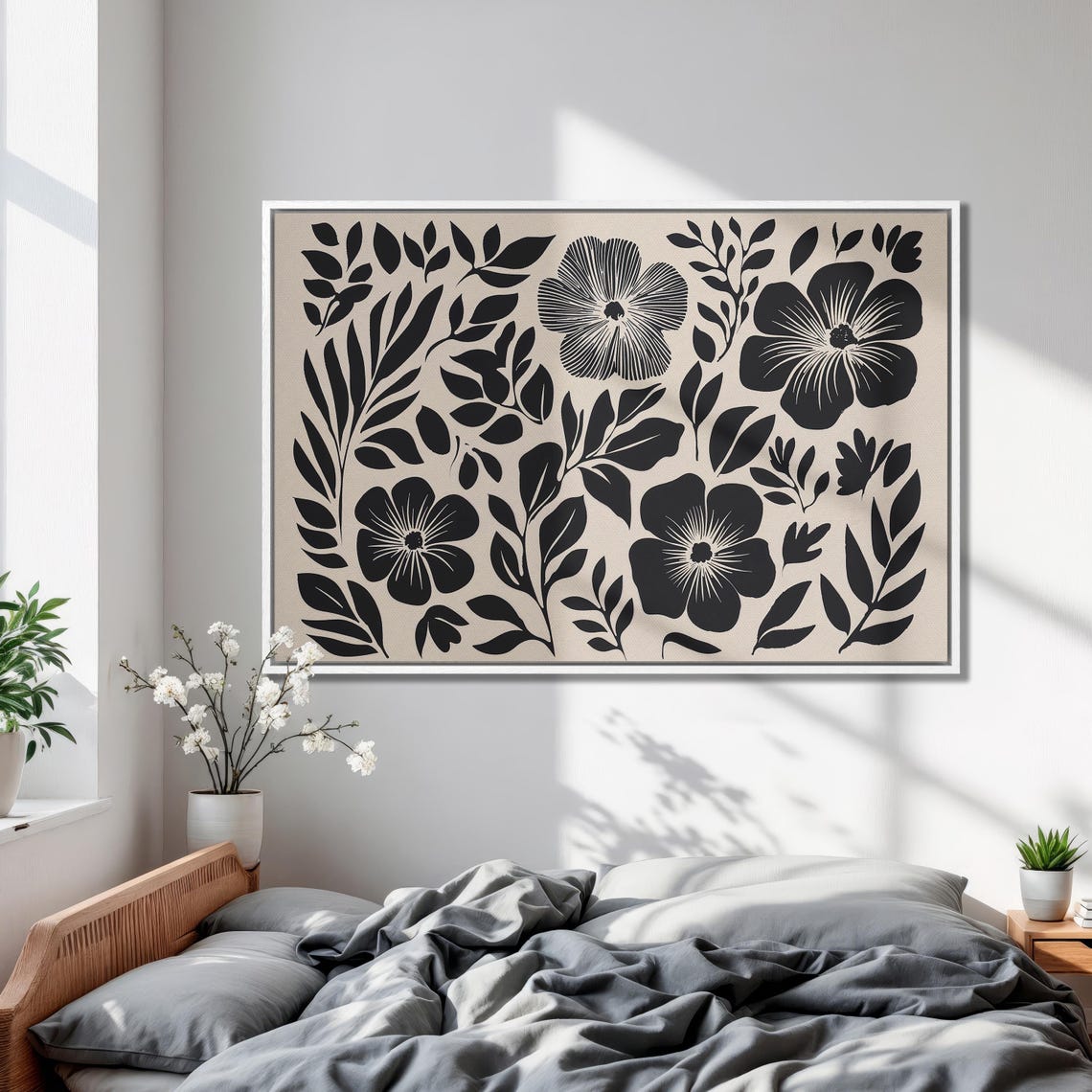 Black And White Botanical Floral Silhouette Pattern On Beige Poster - Image 2