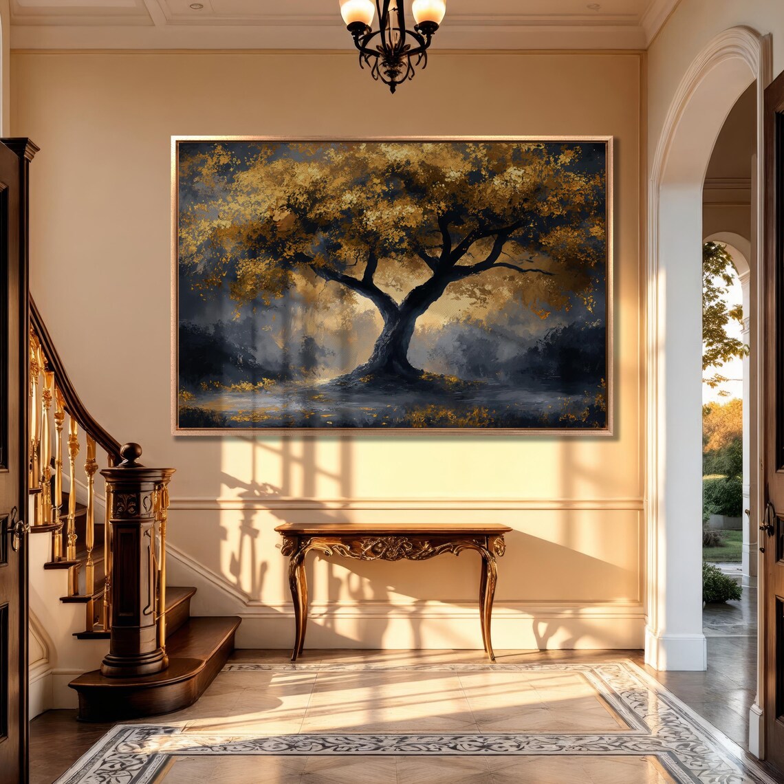 Mystical Tree With Golden Leaves Landscape Art Print - Image 3