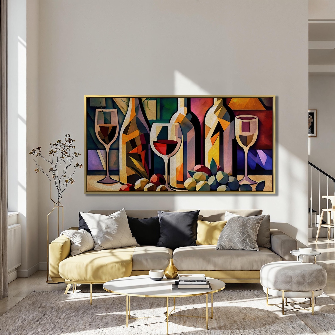 Cubist Wine Bottles and Glasses Geometric Still Life Oil Art Poster - Image 3