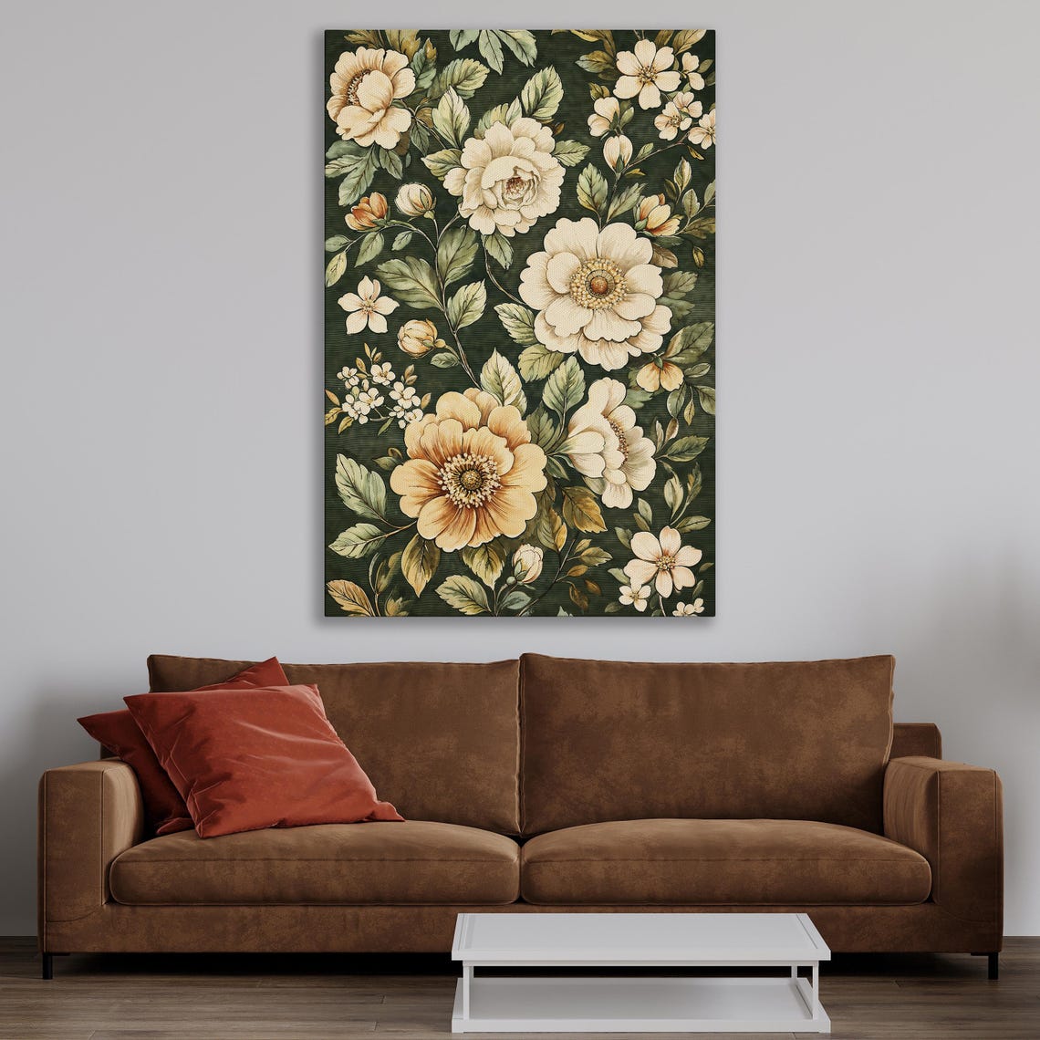 Cream White Wildflowers on Deep Green Morris Style Wall Print - Image 4