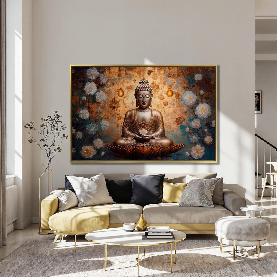 Bronze Buddha Meditating on Lotus Among White Flowers Poster - Image 4