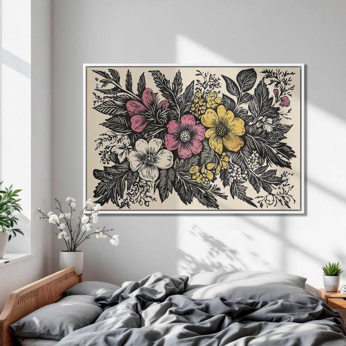 Vibrant Wildflower Bouquet In Woodcut Style Floral Artwork Poster - Image 2