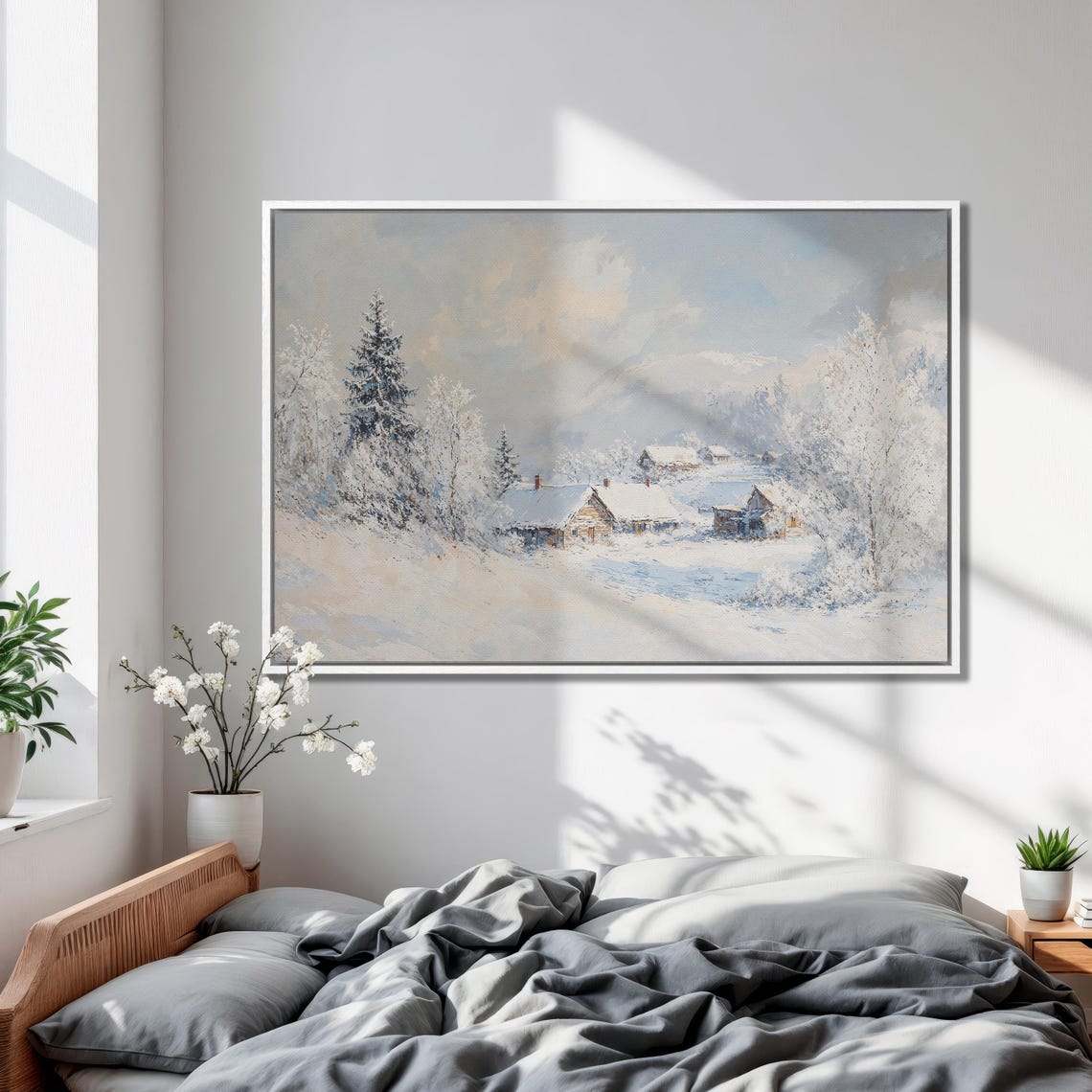 Winter Mountain Village Scene Extra Large Framed Print Frosty Morning In The Snowy Forest Wall Art Cabin Art Decor Ready To Hang - Image 2