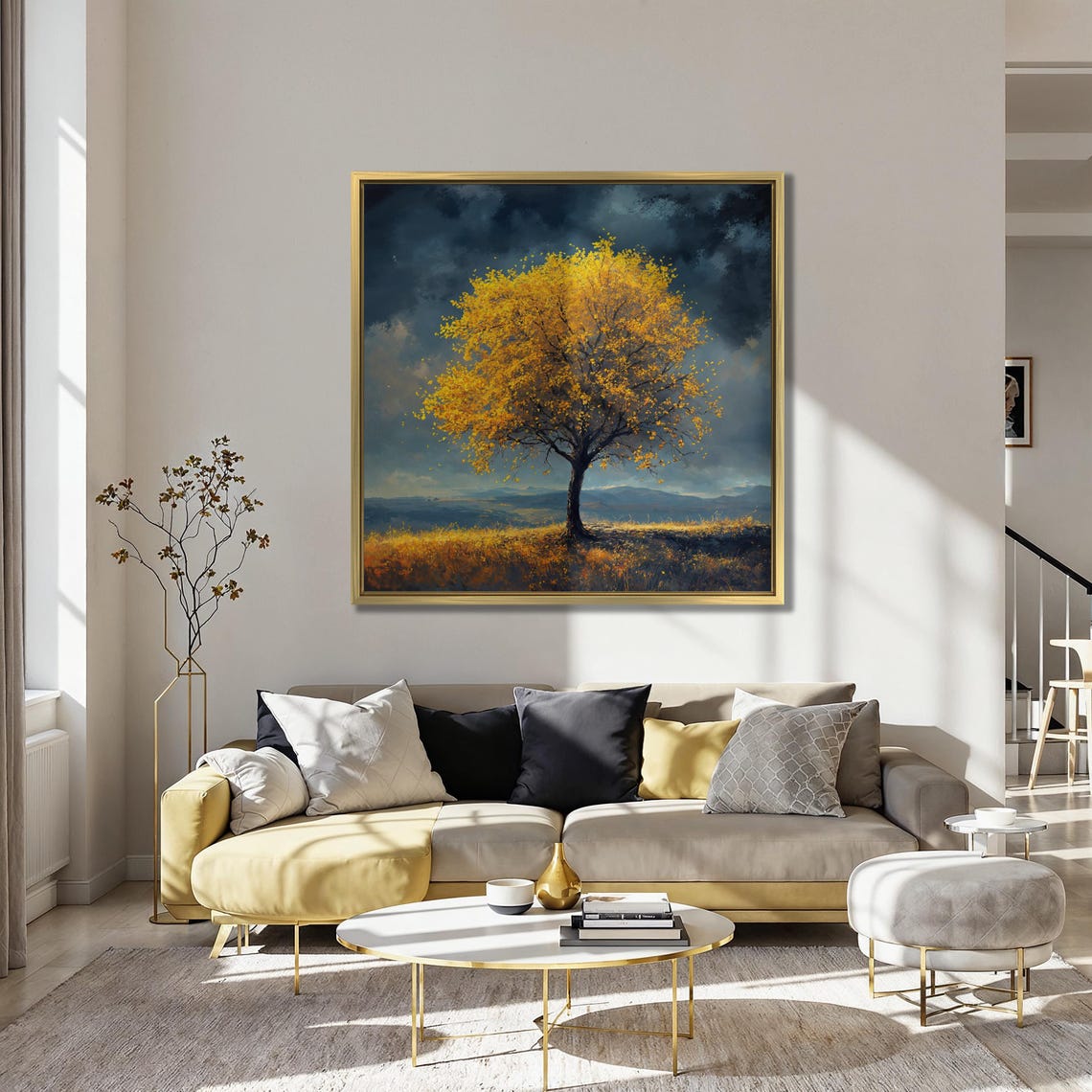 Yellow Tree Under a Dramatic Stormy Sky in a Meadow Landscape Poster - Image 4