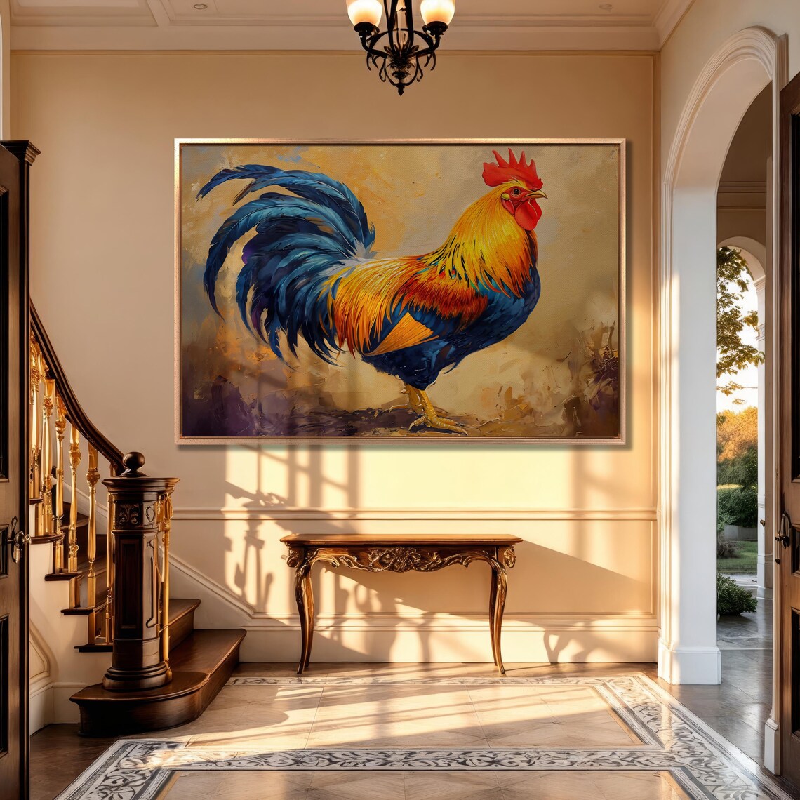 Colorful Rooster Portrait With Golden Blue Feathers Farm Art Poster - Image 3