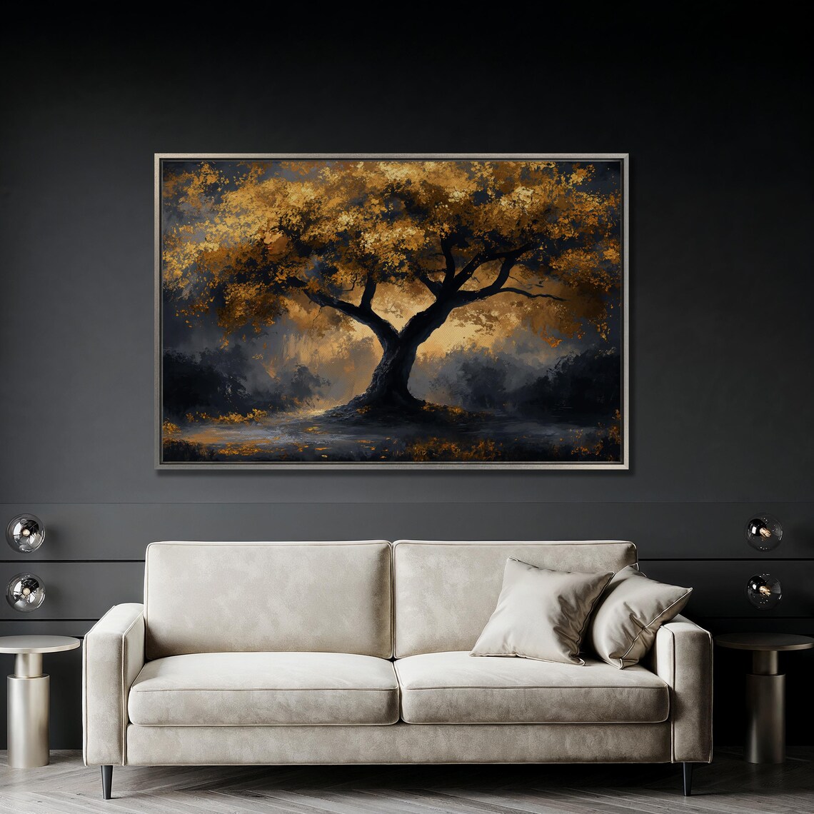 Mystical Tree With Golden Leaves Landscape Art Print - Image 2